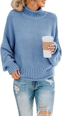 Womens Turtleneck Oversized Sweaters Batwing Long Sleeve Pullover Blue (S)